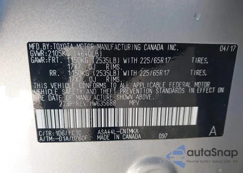 2017 Toyota Rav4 Xle из США, поврежденный, VIN 2T3RFREV7HW635688